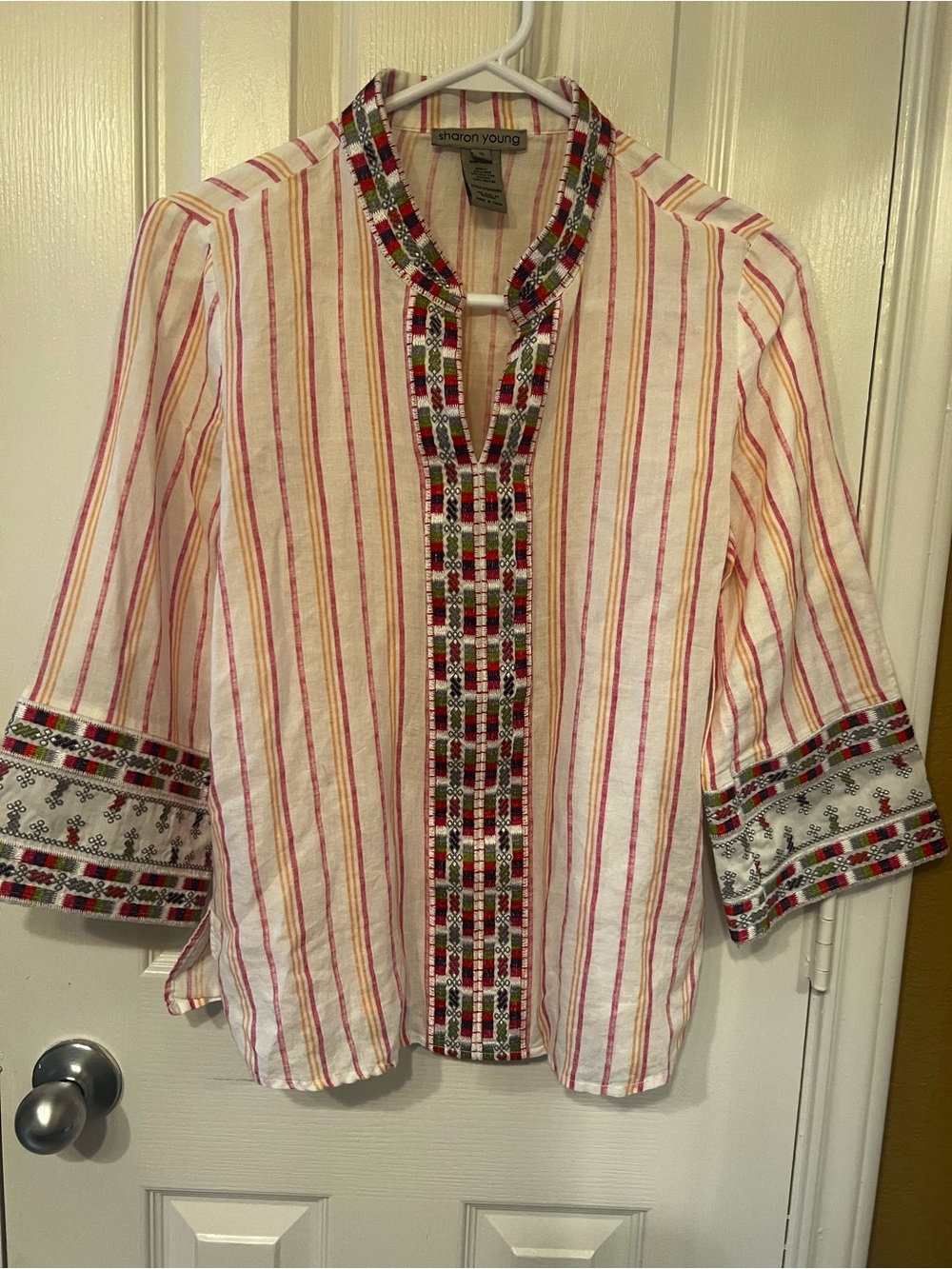 Sharon Young Embroidered Linen-Blend Striped Tunic Blouse – Size S